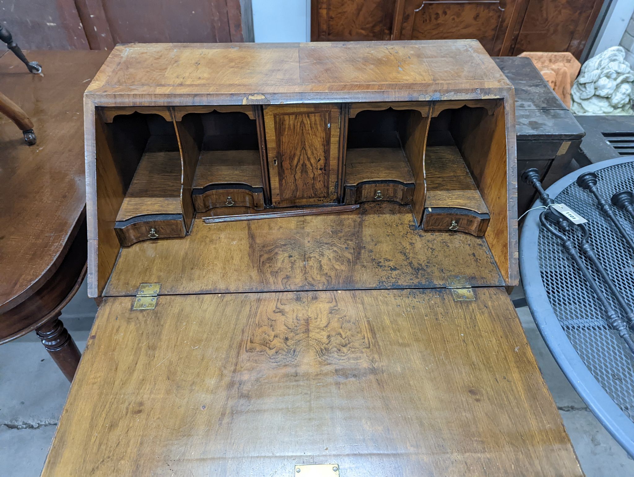 A Queen Anne revival walnut bureau, width 82cm, depth 52cm, height 101cm